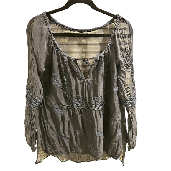 🌸3/$15🌸Italian Navy Blue Sheer Long Sleeve Boho Blouse with Embroidery sz L - Picture 1 of 8